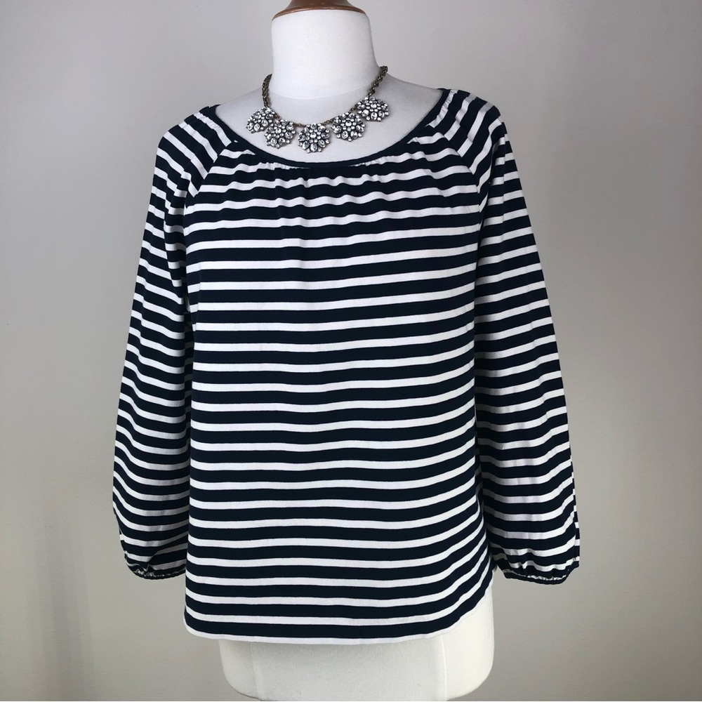 JCrew Navy Blue and Cream Stripes 3/4 Sleeves Top Blouse